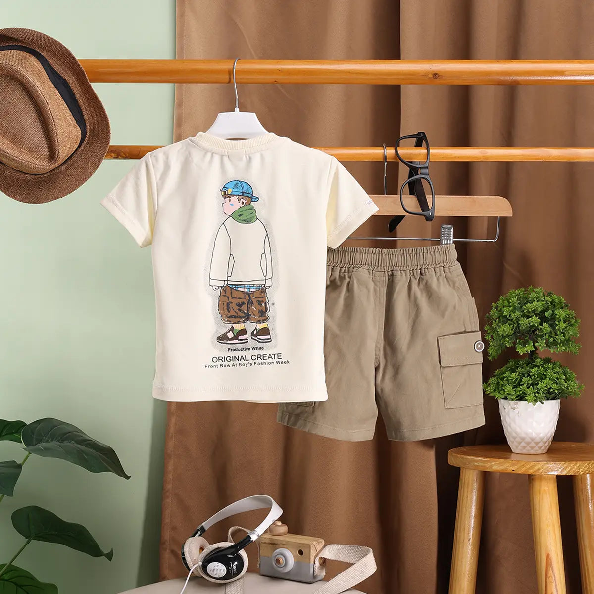 Boys Apricot Typographic Printed T-Shirt With Cargo Shorts Sets