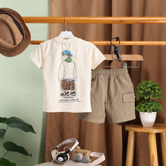 Boys Apricot Typographic Printed T-Shirt With Cargo Shorts Sets