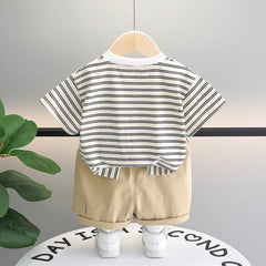 Boys Black Striped Dog Applique Short Sleeve T-Shirt With Shorts Sets