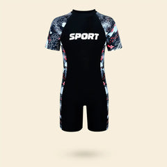 Boys Black Typographic Short Sleeves Swimwear Bodysuit