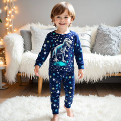 Boys Black Dinosaur Printed Glow in the Dark T-Shirt & Pajama Winter Set