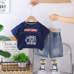 Boys Blue Graphic T-Shirt With Denim Shorts Sets
