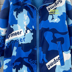 Boys Blue Abstract Printed Hooded Zipper Jacket