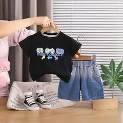 Boys Black Gaming Console Print T-Shirt With Denim Shorts Set