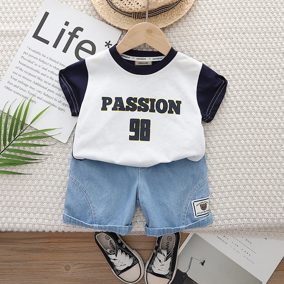 Boys Black Passion Print Short Sleeve T-Shirt With Denim Shorts Set