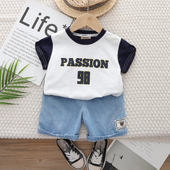 Boys Black Passion Print Short Sleeve T-Shirt With Denim Shorts Set
