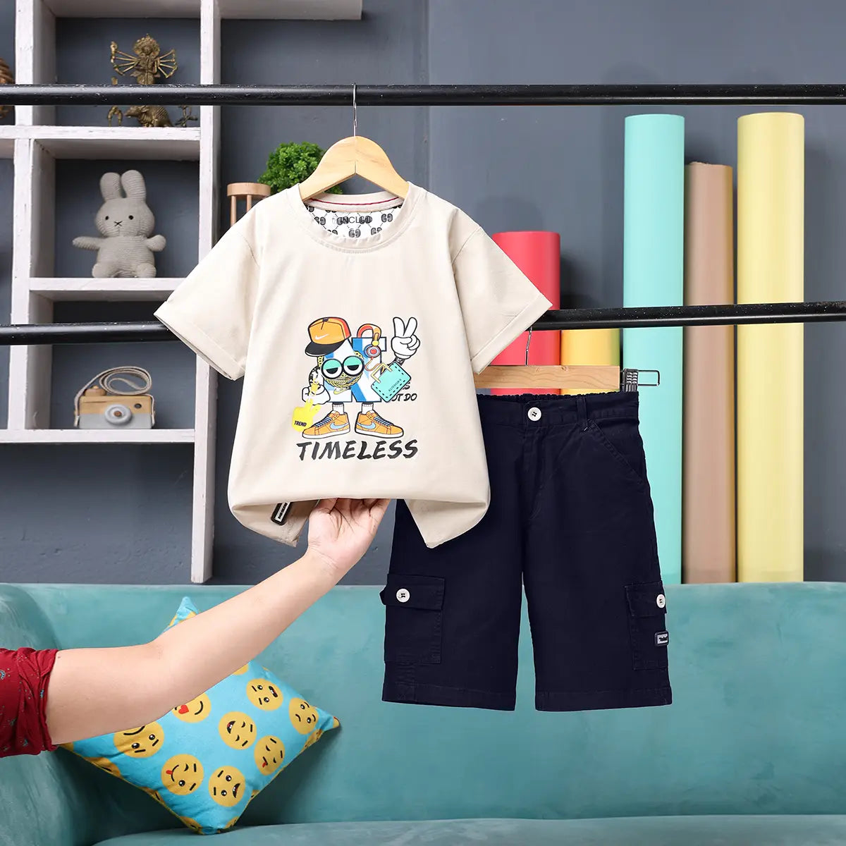 Boys Beige Graphic Short Sleeve T-Shirt With Elasticated Cargo Shorts Sets