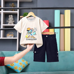 Boys Beige Graphic Short Sleeve T-Shirt With Elasticated Cargo Shorts Sets