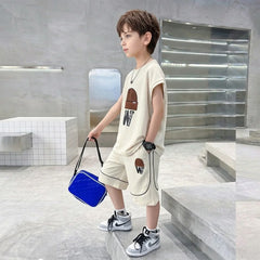 Boys Beige Graphic Sleeveless T-Shirt With Elasticated Long Shorts Sets