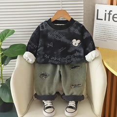 Boys Black Typographic Regular Sweatshirt With Denim Trousers Sets