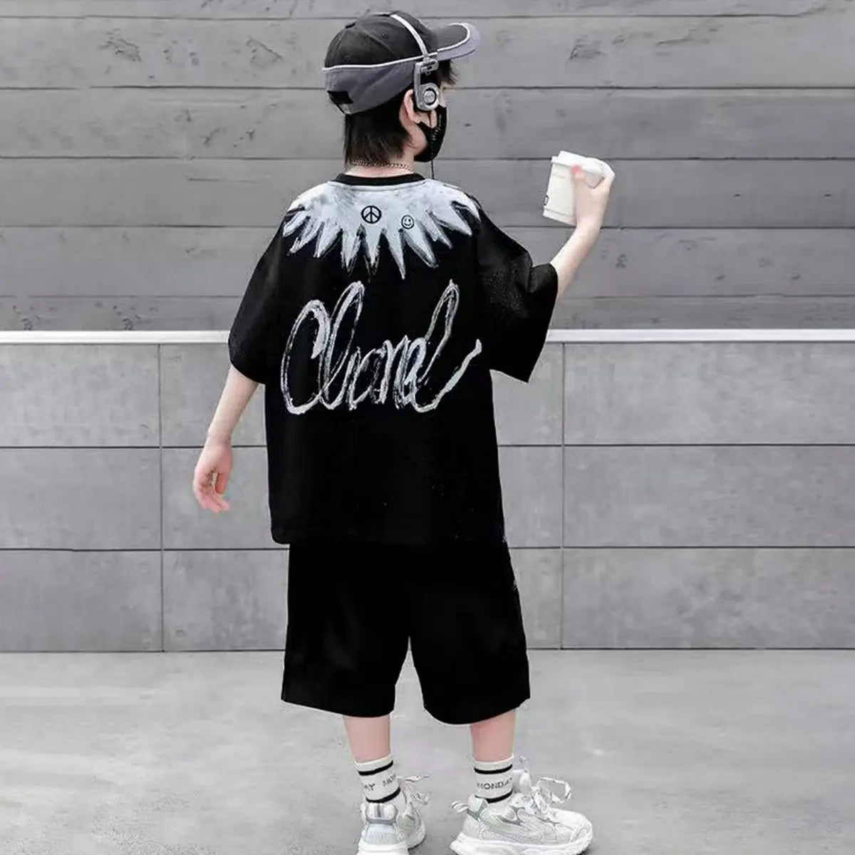 Boys Black Abstract Printed Oversized T-Shirt With Shorts Co-ord Sets