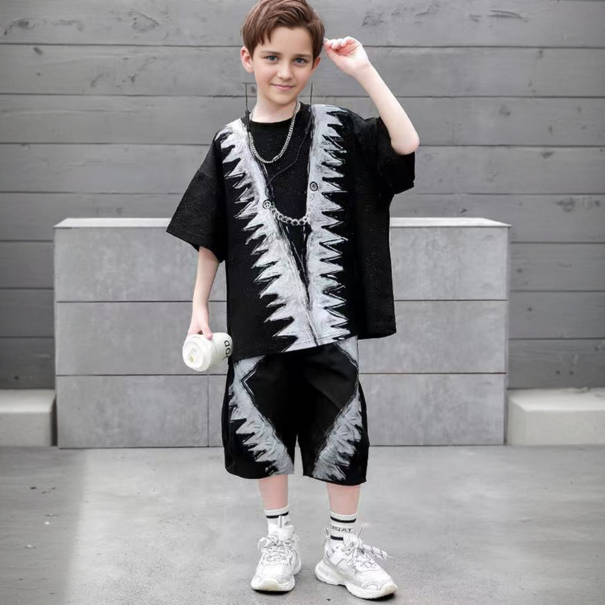 Boys Black Abstract Printed Summer Oversized T-Shirt With Shorts Set