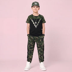 Boys Black Camouflage Print Short Sleeve T-Shirt With Pants Sets