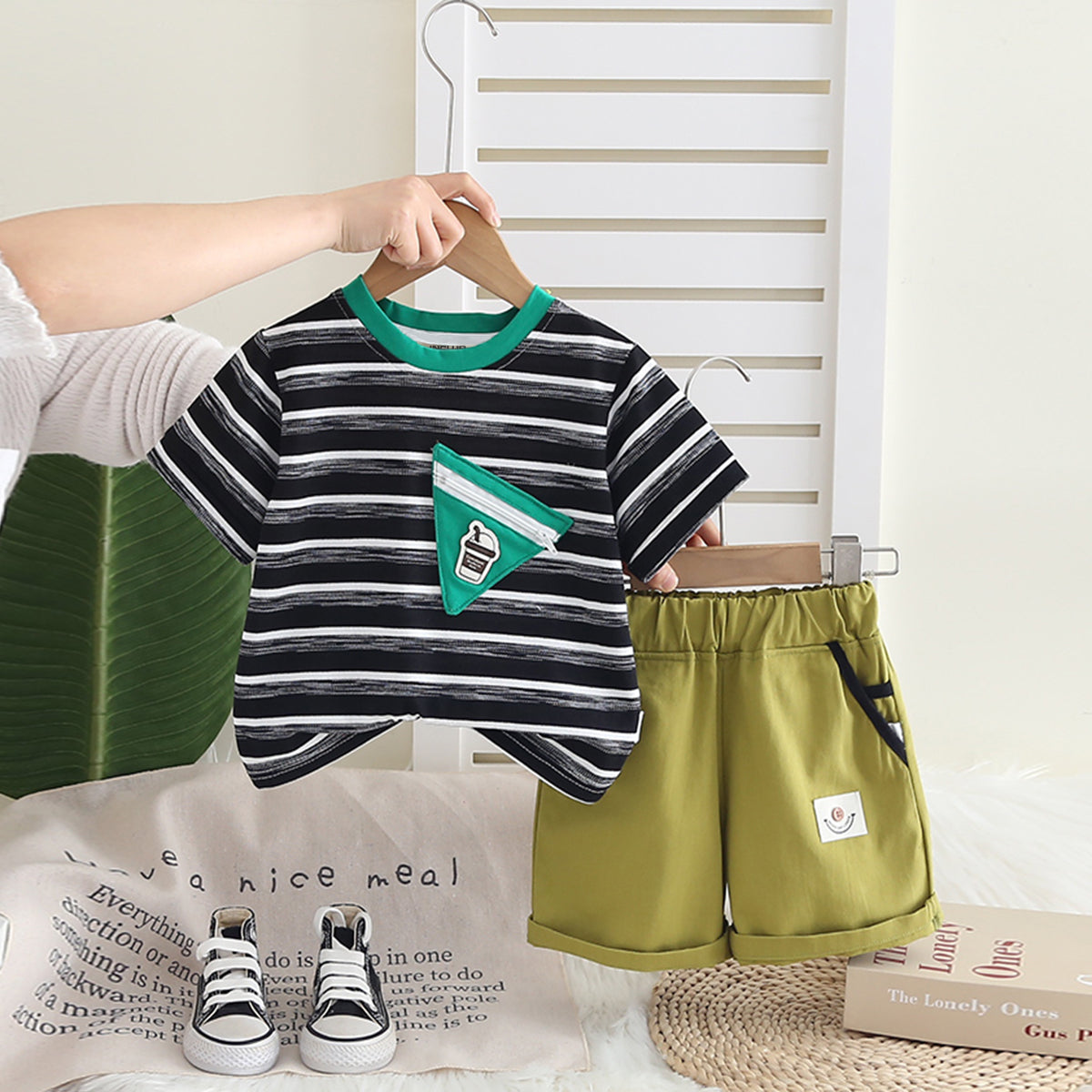 Boys Black Striped Triangular Patch Pocket T-Shirt With Brown Shorts Set
