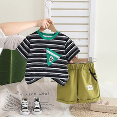 Boys Black Striped Triangular Patch Pocket T-Shirt With Brown Shorts Set