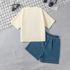 Boys Apricot Short Sleeves Round Neck T-Shirt With Denim Shorts Set