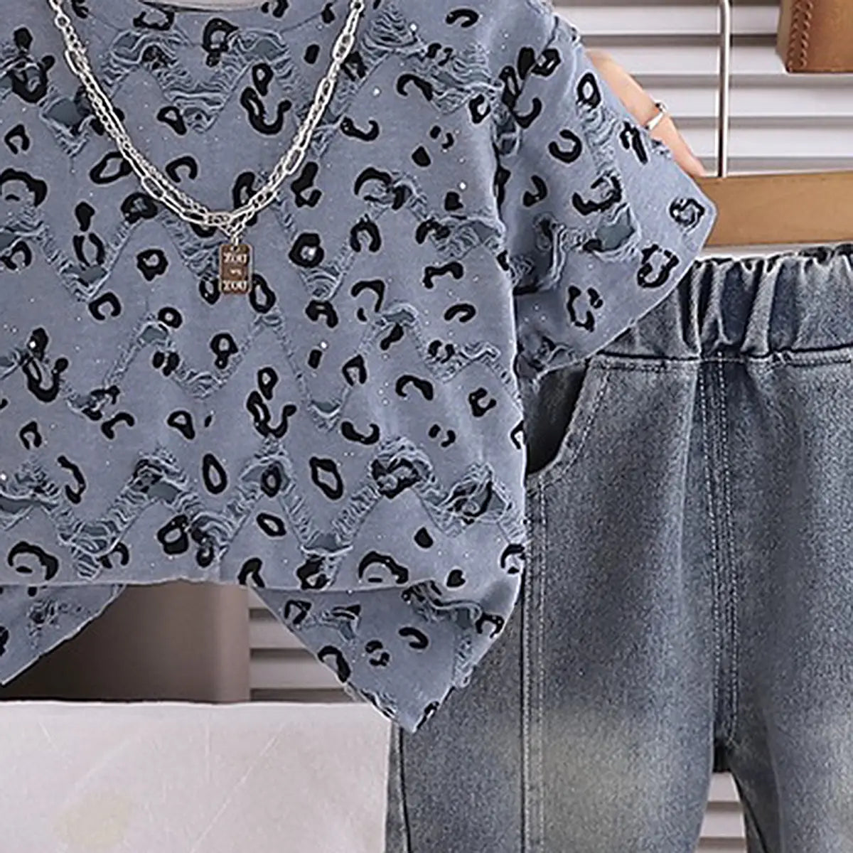 Boys Blue Leopard Distressed Print T-Shirt With Denim Shorts Sets