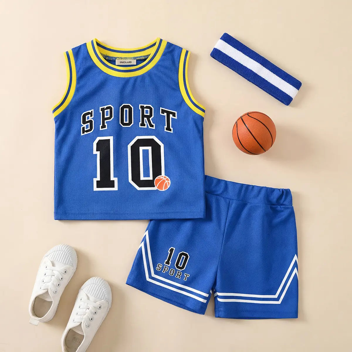 Boys Blue Alphanumeric Printed Sleeveless T-Shirt With Shorts Set