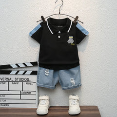 Boys Black Graphic Polo T-Shirt With Denim Shorts Set