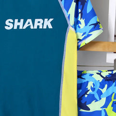 Boys Blue Fish Printed T-Shirt With Shorts Swimwear Sets