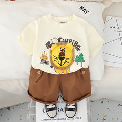 Boys 3D Lion Appliqued T-Shirt With Brown Shorts Set