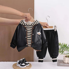 Boys Black Faux Leather Jacket With Striped Hooded Sweatshirt & Jogger Sets