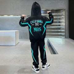Boys Black Abstract Printed Winter Zipper Hoodie With Jogger Set