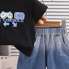 Boys Black Gaming Console Print T-Shirt With Denim Shorts Set