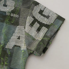 Boys Army Green Typographic Printed Short Sleeves T-Shirt With Denim Shorts Sets
