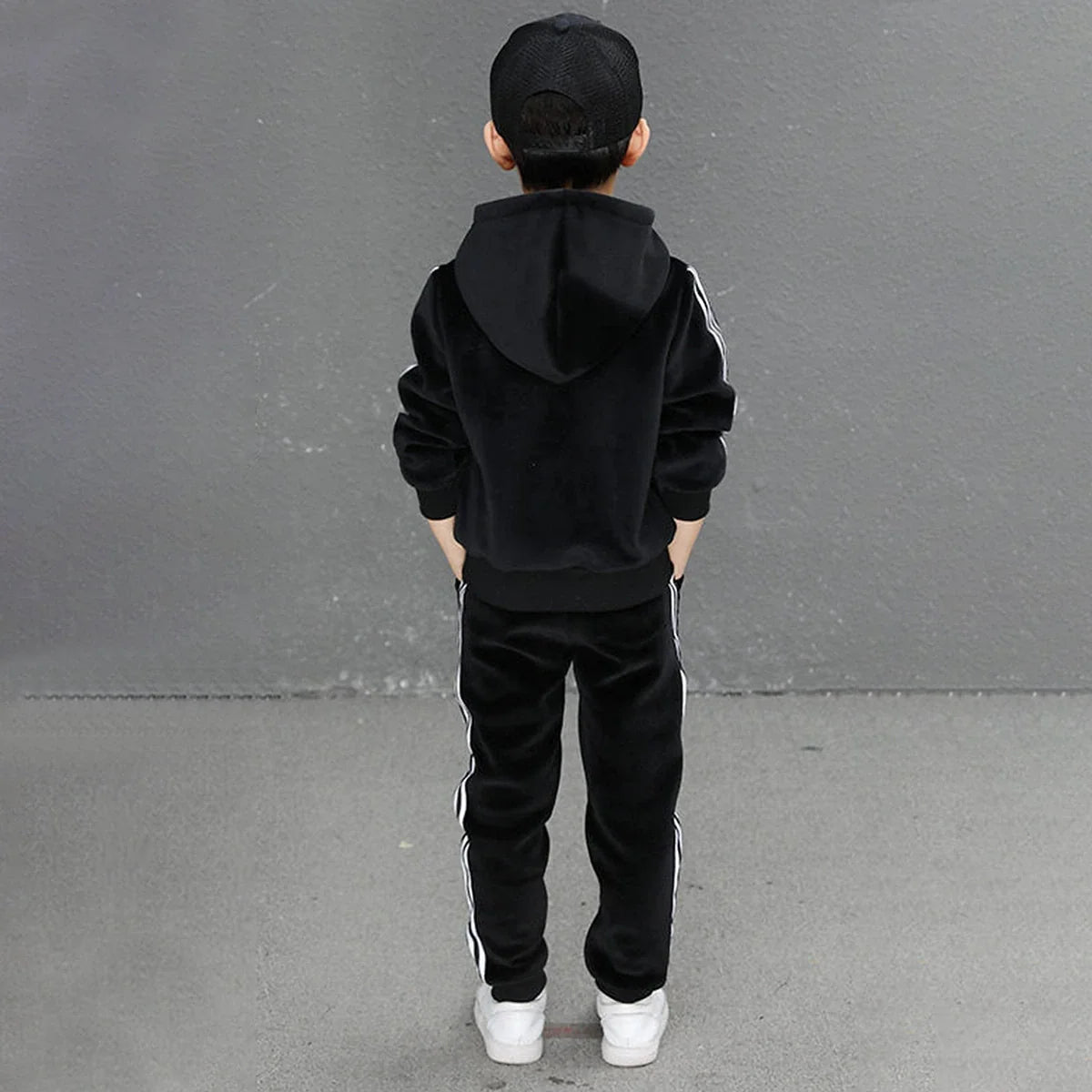 Boys Black Three Side Stripes Hooded Zip-up Jacket With Jogger Sets