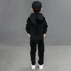 Boys Black Three Side Stripes Hooded Zip-up Jacket With Jogger Sets