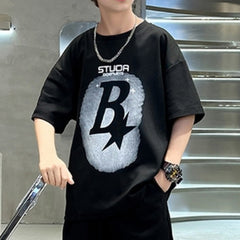 Boys Black Star Printed Summer Oversized T-Shirt With Shorts Set