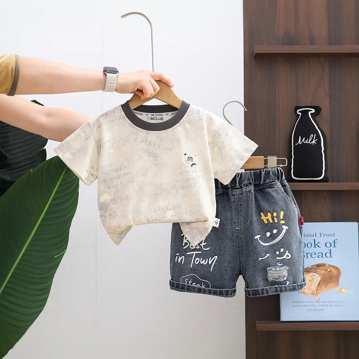 Boys Beige Typographic Print T-Shirt With Distressed Denim Shorts Set