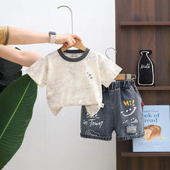 Boys Beige Typographic Print T-Shirt With Distressed Denim Shorts Set
