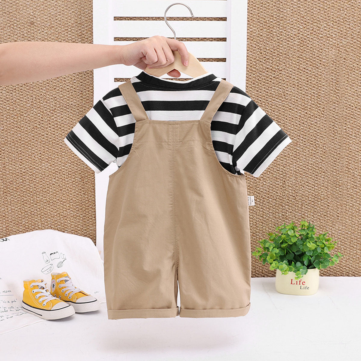 Boys Black Stripes Short Sleeve T-Shirt And Dungaree Set With Teddy Applique