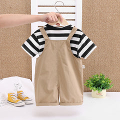 Boys Black Stripes Short Sleeve T-Shirt And Dungaree Set With Teddy Applique
