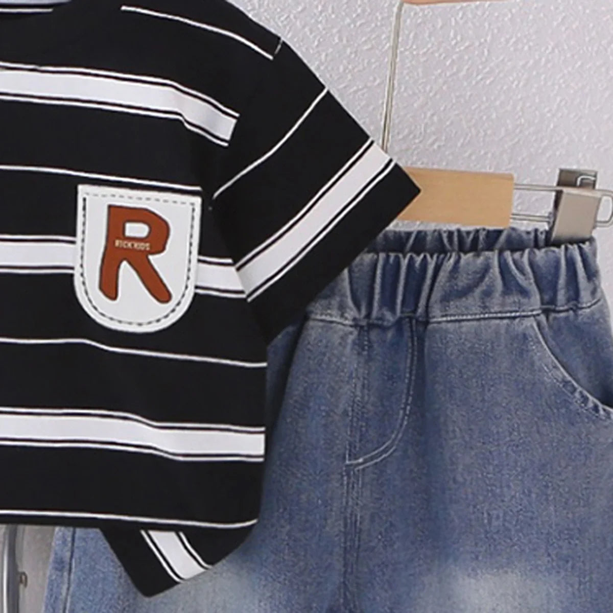 Boys Black Stripes Short Sleeves T-Shirt With Denim Shorts Set