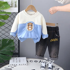 Boys Blue Graphics Printed Sweatshirt With Denim Pants Set