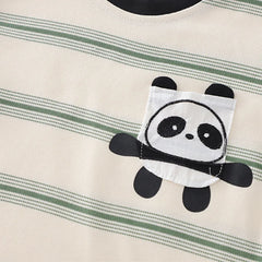 Boys Beige Panda Printed Striped Short Sleeve T-Shirt With Denim Shorts Sets
