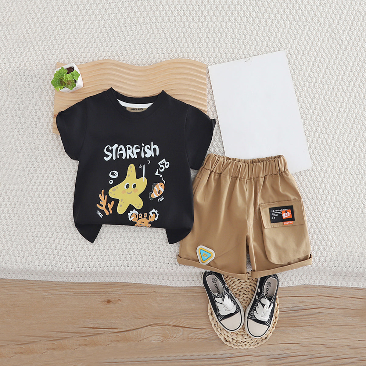 Boys Black Star Fish Graphic Short Sleeves T- Shirt With Shorts Set