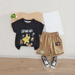 Boys Black Star Fish Graphic Short Sleeves T- Shirt With Shorts Set
