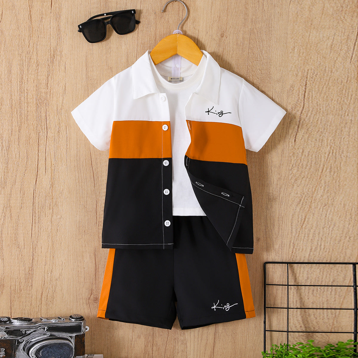 Boys Black Short Sleeve Color-blocked Shirt With Elasticated Shorts Set