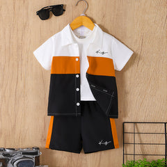 Boys Black Short Sleeve Color-blocked Shirt With Elasticated Shorts Set