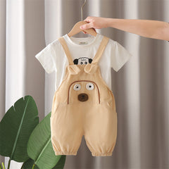 Boys Beige  Dog Patched Dungaree With  T-Shirts Set