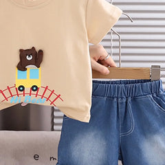 Boys Beige Bear Applique T-Shirt With Denim Shorts Sets
