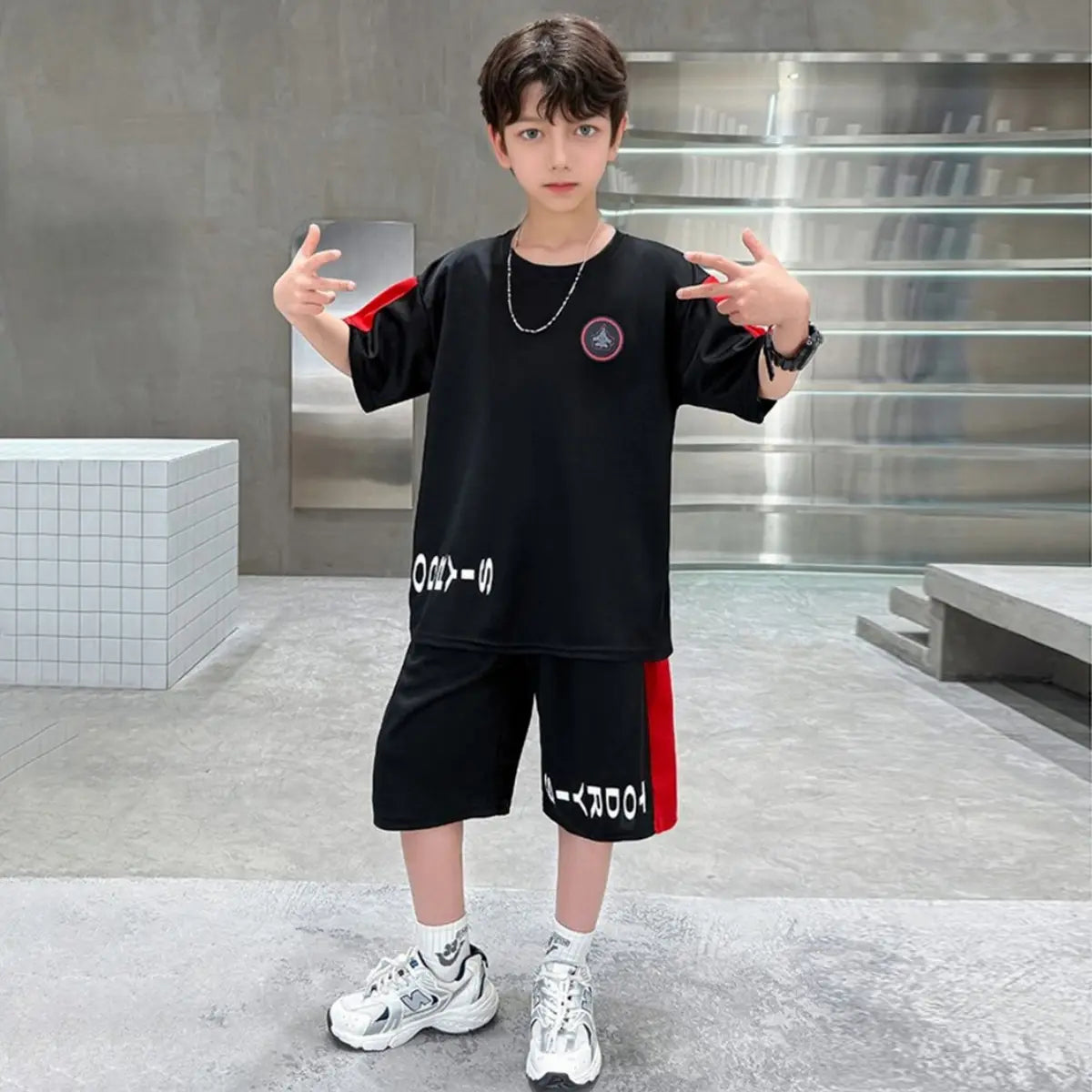 Boys Black Typographic Printed Oversized T-Shirt With Shorts Sets