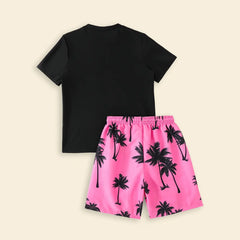Boys Black Tropical Printed Short Sleeves T-Shirt & Shorts Swimsuit Sets