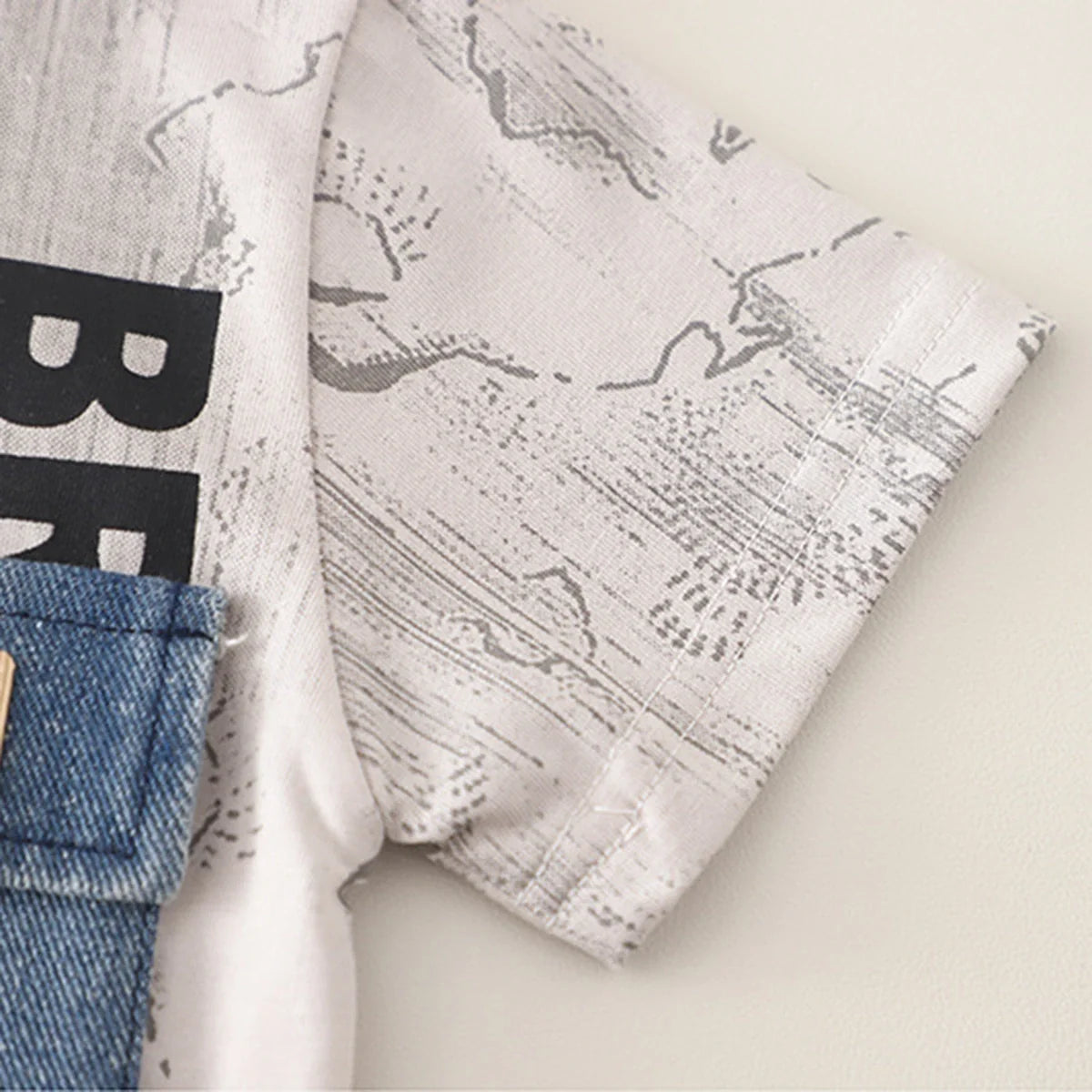 Boys Beige Typographic Printed Short Sleeve T-Shirt With Denim Shorts Sets
