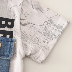 Boys Beige Typographic Printed Short Sleeve T-Shirt With Denim Shorts Sets