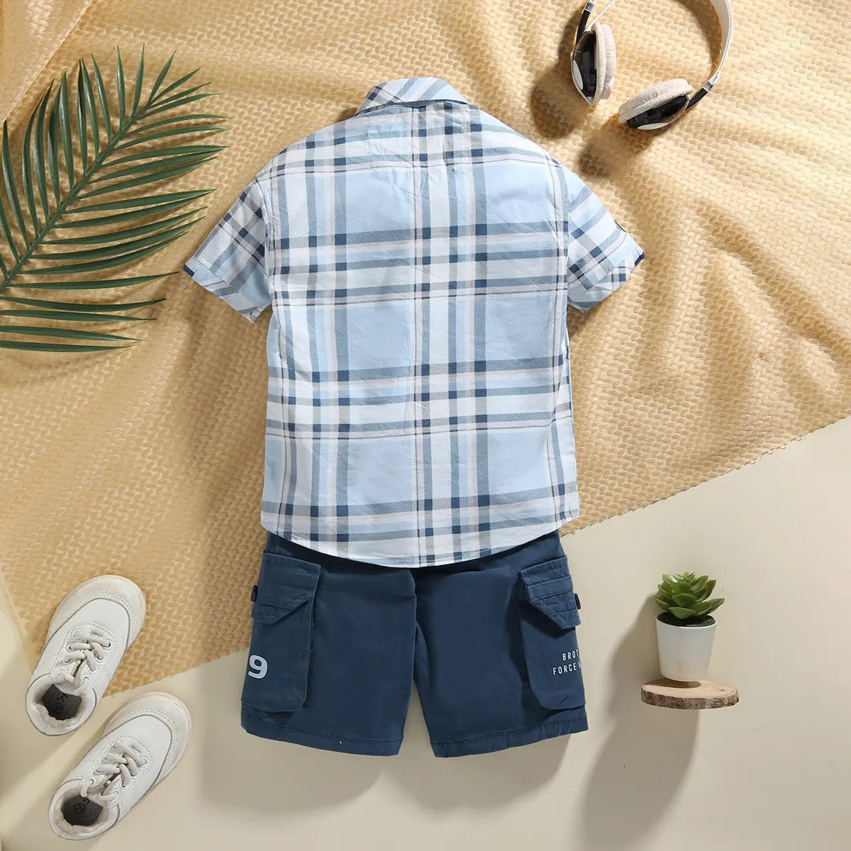 Boys Blue Checked Short Sleeves Shirt With Cargo Shorts & T-Shirt Sets